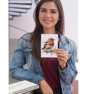 Cute bird red robin in watercolor postcard