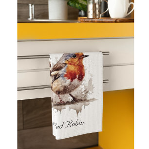 Cute bird red robin in watercolor tea towel