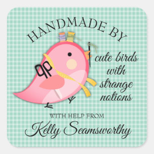 Cute bird sewing notions handmade by personalised square sticker