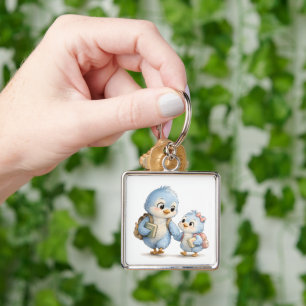 Cute Bird Siblings Square Keychain