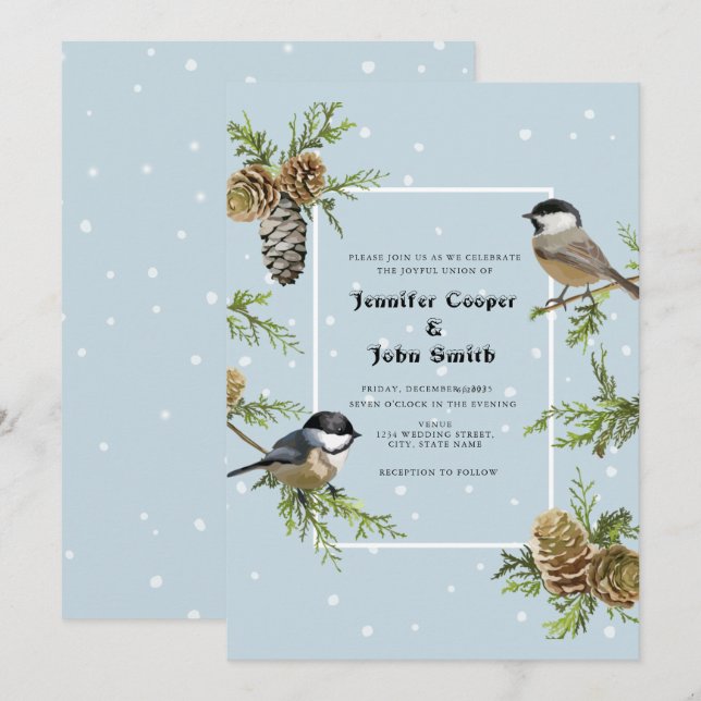Cute Bird Snow Pine Cone Winter Wedding Invitation (Front/Back)
