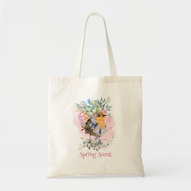 Cute Bird Spring Scent, colourful modern watercolo Tote Bag (Front)