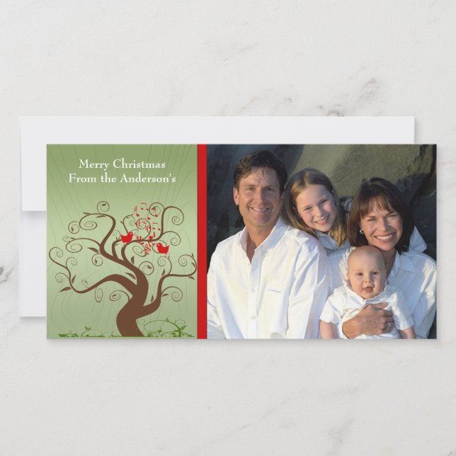 Cute Bird Swirl Tree Wood Grain Family Photo Card (Front)