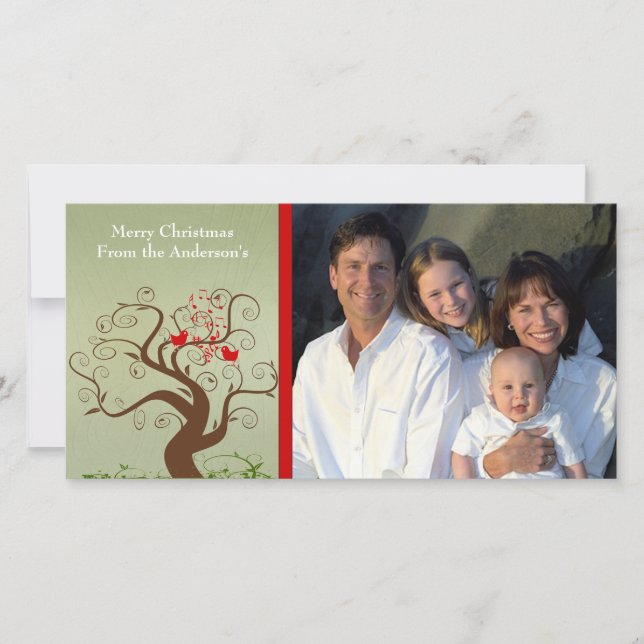 Cute Bird Swirl Tree Wood Grain Family Photo Card (Front)