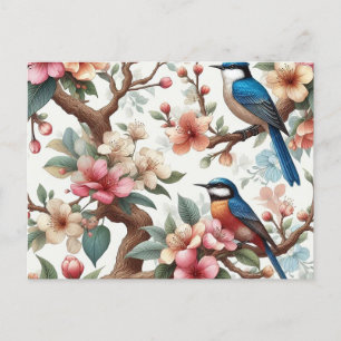 Cute bird with flower breach on tree colourful sea holiday postcard