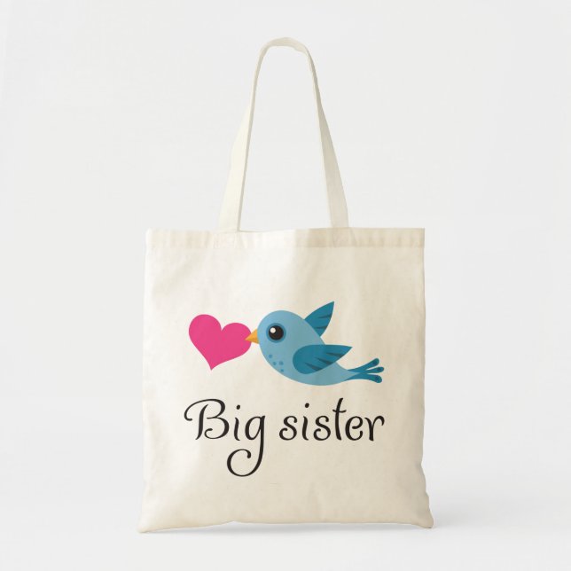 Cute bird with love heart big sister tote bag (Front)