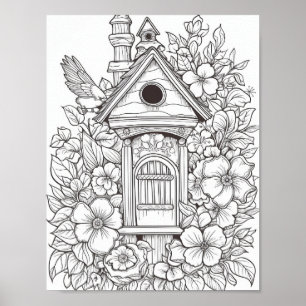 Cute Birdhouse Adult Colouring Poster