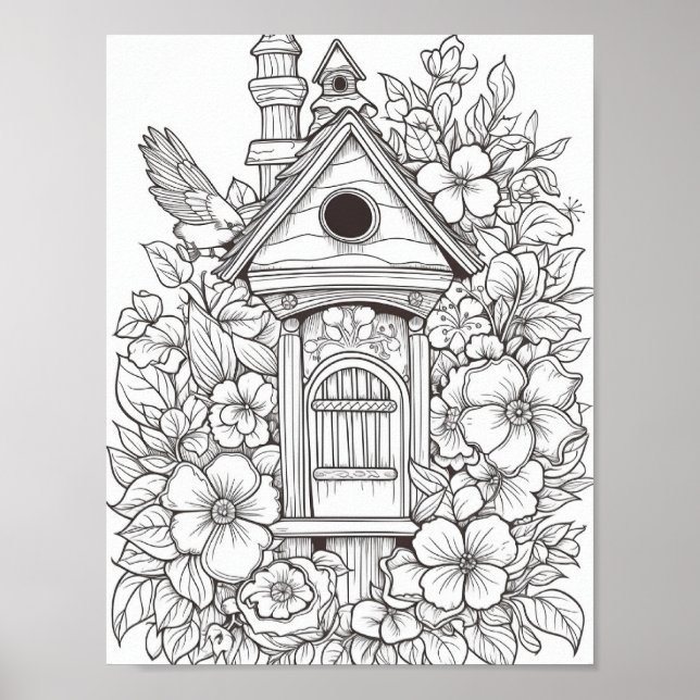 Cute Birdhouse Adult Colouring Poster (Front)