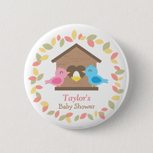 Cute Birdhouse Leaves Wreath Bird Baby Shower 6 Cm Round Badge (Front)