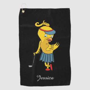 Cute Birdie Monogram Black Golf Towel