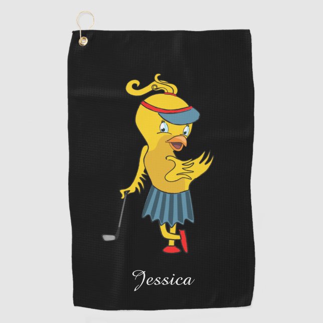 Cute Birdie Monogram Black Golf Towel (Front)