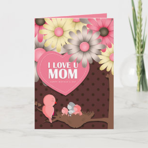 Cute Birdie Pink Yellow brown Floral Mother's Day Card