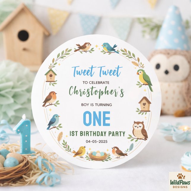 Cute Birds 1st Birthday Party – Fun Kids  Classic Round Sticker (Cute Birds 1st Birthday Party – Fun Kids Classic Round Sticker
)