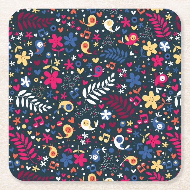 cute birds and flowers pattern square paper coaster (Front)