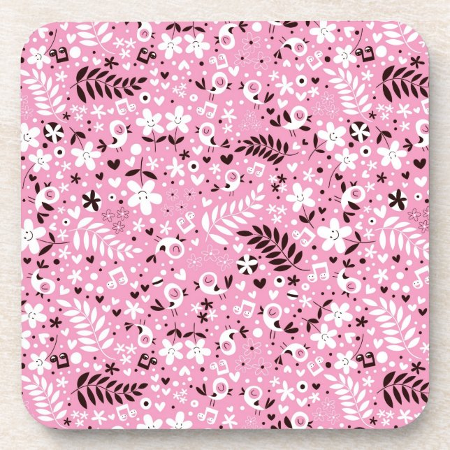 cute birds and flowers pink pattern coaster (Front)