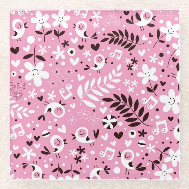 cute birds and flowers pink pattern glass coaster (Front)