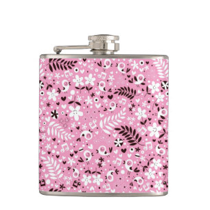 cute birds and flowers pink pattern hip flask