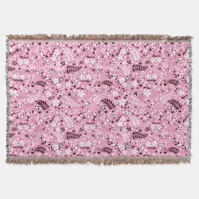 cute birds and flowers pink pattern throw blanket (Front)