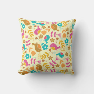 Cute Birds and Flowers Throw Pillow