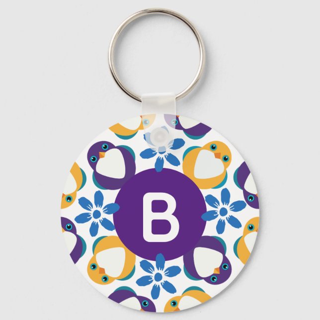 Cute Birds and Flowers Wreath Monogrammed Key Ring (Front)