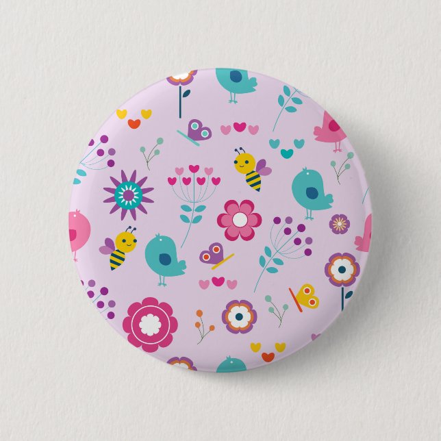 Cute Birds, Bees and Flowers Illustration 6 Cm Round Badge (Front)