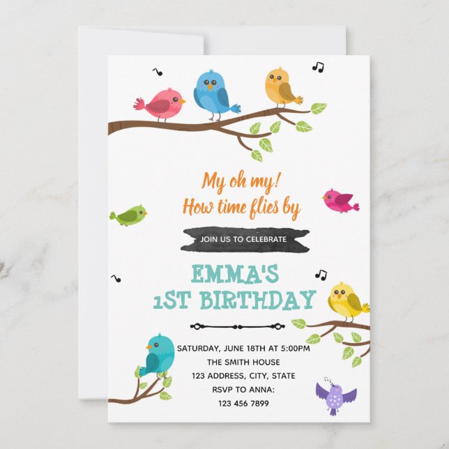 Cute birds birthday invitation (Front)