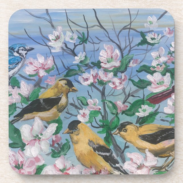 Cute Birds Blue/Yellow Finch Blossoms  Coaster (Front)