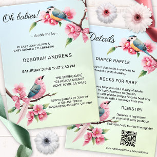 Cute Birds Bow Twins Baby Shower Invitation