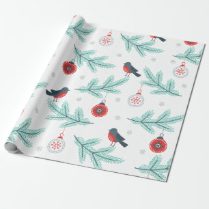 Cute Birds Christmas Ball & Branches Pattern Wrapping Paper