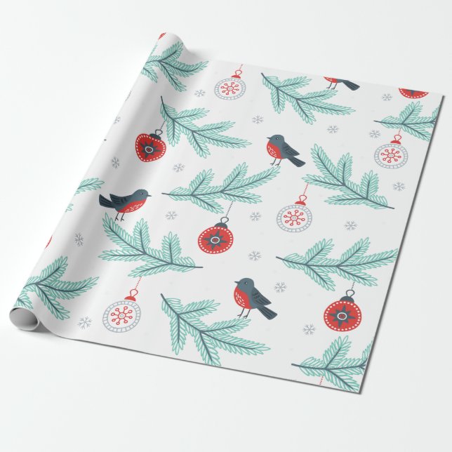 Cute Birds Christmas Ball & Branches Pattern Wrapping Paper (Unrolled)