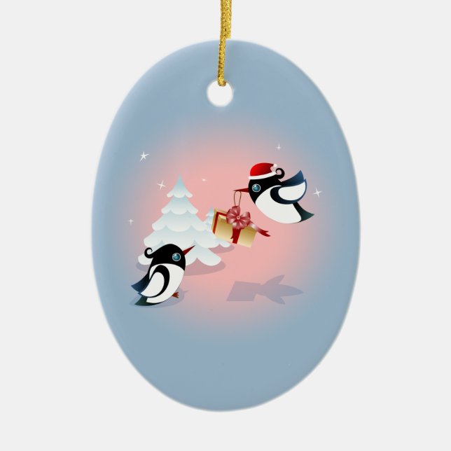 Cute Birds Christmas Present Ceramic Tree Decoration (Front)