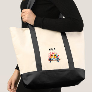 Cute birds couple initials tote bag