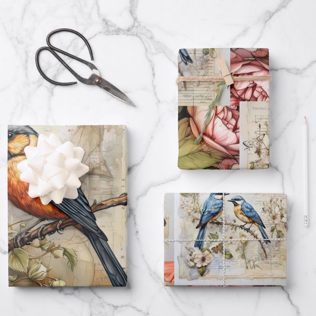 Cute Birds & Flowers Vintage Inspired  Wrapping Paper Sheet (Front)