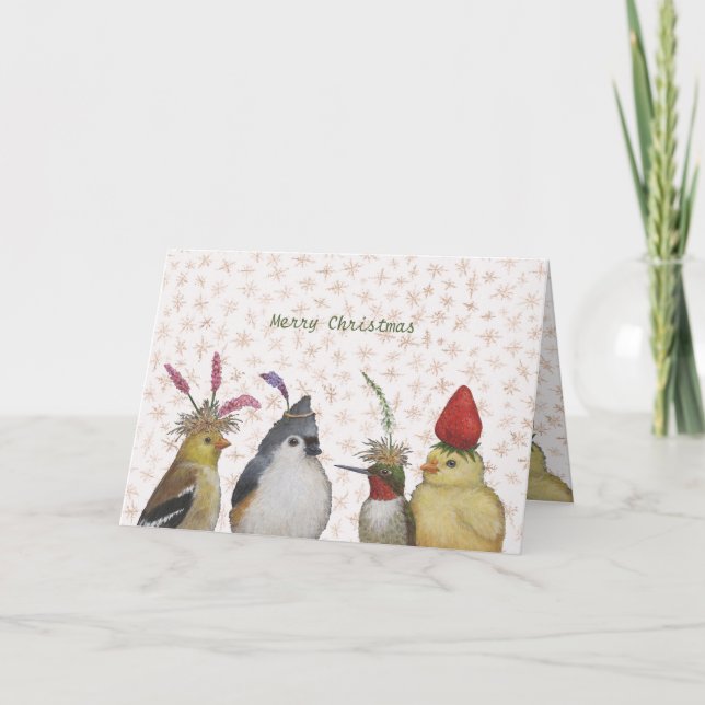 cute birds in nature hats with snowflakes card (Front)