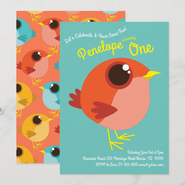 Cute Birds Kids 1st Birthday Party Invitation (Front/Back)