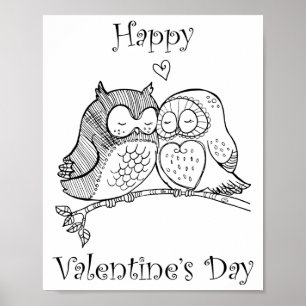 Cute Birds Love Couple Owl Romance Line Art No 1/3 Poster