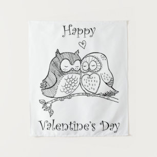 Cute Birds Love Couple Owl Romance Line Art No 1/3 Tapestry