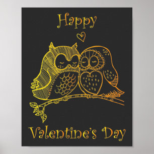 Cute Birds Love Couple Owl Romance Line Art No 3/3 Poster