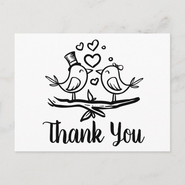 Cute Birds Loverbird Black White Wedding Thank You Postcard (Front)