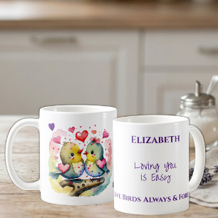 Cute birds loving you personalised name purple coffee mug