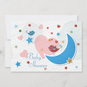 Cute Birds Moon and Stars Baby Shower Invitation