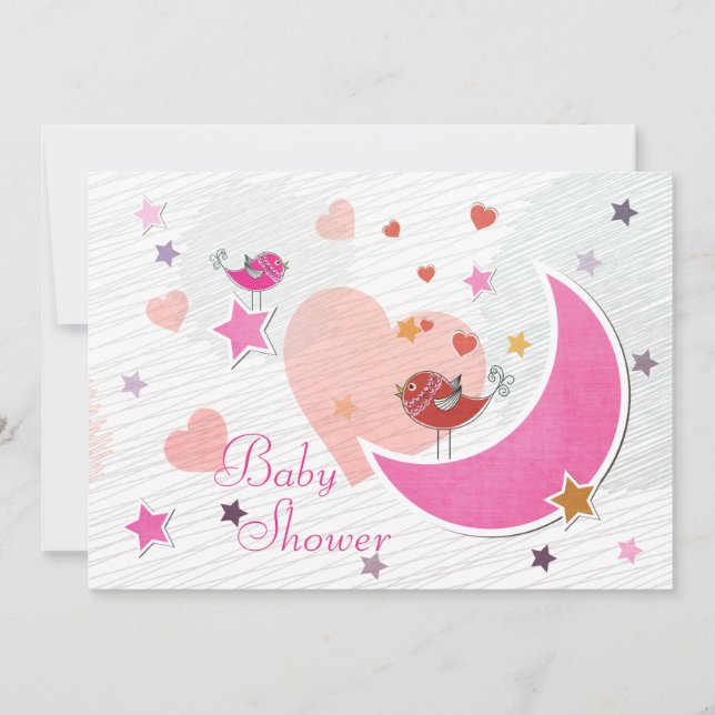 Cute Birds Moon and Stars Girl Baby Shower Invitation (Front)