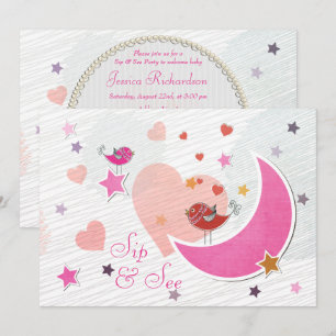Cute Birds Moon and Stars Sip & See Party Invitation