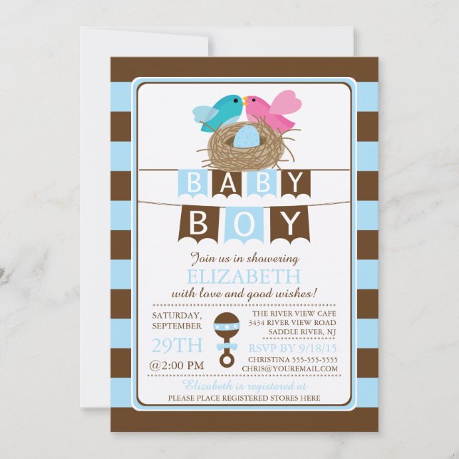 Cute Birds Nest Boys Baby Shower Invitation (Front)