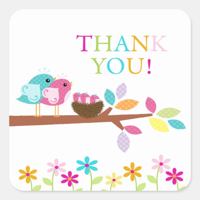 Cute Birds Nest Thank You Triplets Baby Shower Square Sticker (Front)