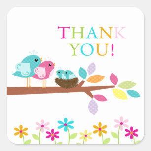 Cute Birds Nest Thank You Twins Baby Shower Square Sticker