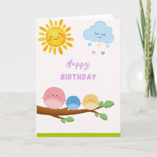 Cute Birds on Branch Birthday Card - Kawaii Sun an