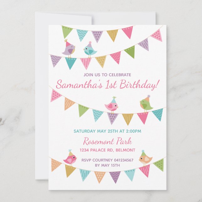 Cute Birds on Bunting Customisable Invitation (Front)