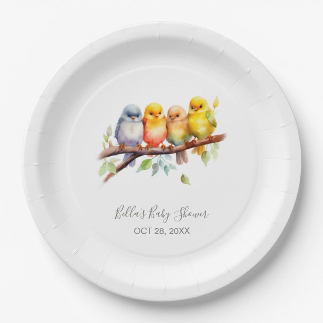 Cute Birds on Tree Branch Baby Shower  Paper Plate (Front)