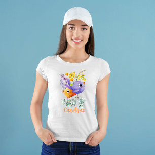 Cute Birds Purple and Orange Watercolor Flowers  T-Shirt